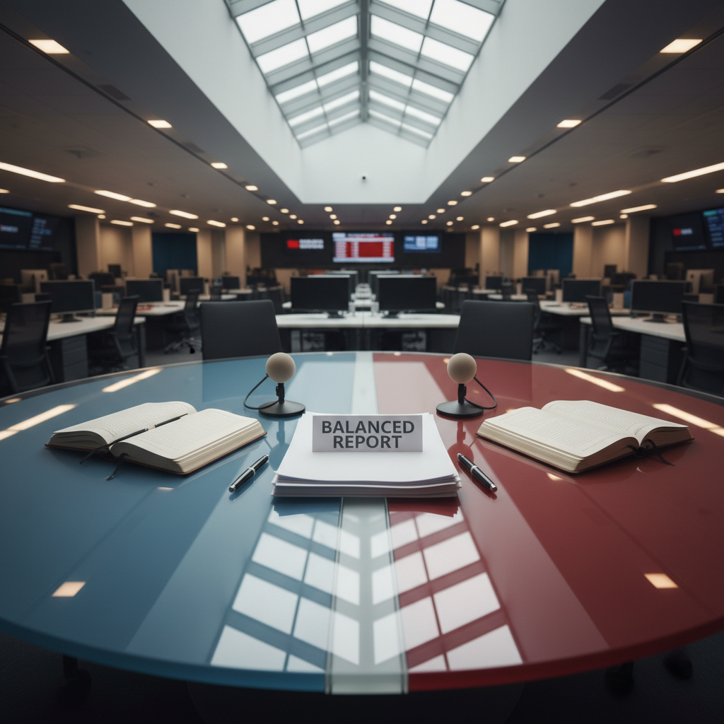 A large, round glass conference table sits in a quiet, modern newsroom, its surface divided into two equal arcs of soft blue and muted red by a subtle inlaid line. On the table rest two open leather-bound notebooks, one on each side, converging toward a shared central stack of white paper labeled “Balanced Report” in clean typography. Neutral-toned microphones and a pair of crossed pens lie neatly between them. Overhead, diffused skylight and understated recessed lighting bathe the scene in even, calm illumination. Captured in photographic realism from a slightly elevated angle with sharp focus throughout, the composition uses gentle symmetry and negative space to evoke fairness, professionalism, and thoughtful bipartisan journalism.