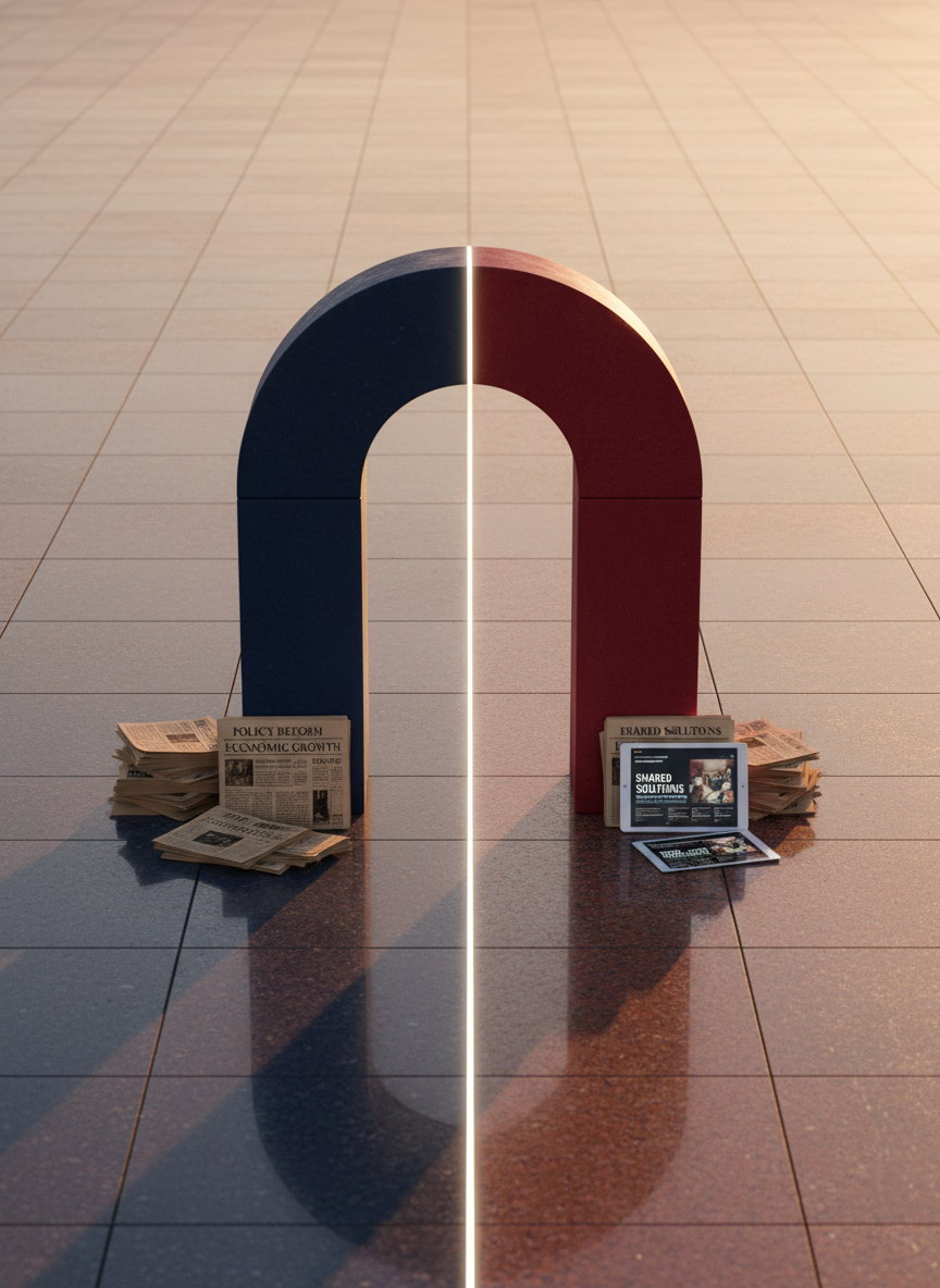 A symbolic stone arch modeled after UGA’s historic Arch rises from the center of a polished granite plaza, split cleanly down the middle into two contrasting halves: one deep navy, the other rich crimson, seamlessly meeting at the apex. Between the halves, a thin glowing line of soft white light suggests unity. Around the arch lie neatly arranged stacks of neutral-toned newspapers and sleek digital tablets displaying balanced headlines. Late afternoon natural light casts long, calm shadows across the plaza, emphasizing symmetry. Photographic realism, shot at eye level with a centered composition and moderate depth of field, creating a professional, dignified mood that conveys bipartisanship and constructive dialogue.